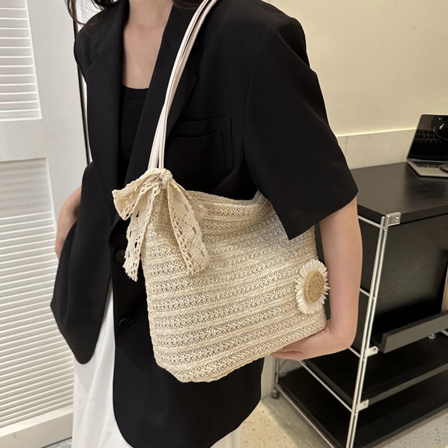Women Casual Summer Handbag Aesthetic Design Large Capacity Woven Shoulder Bags Ideal Gift for Yourself Female Friends Peaceful Pleasures Health and Wellness