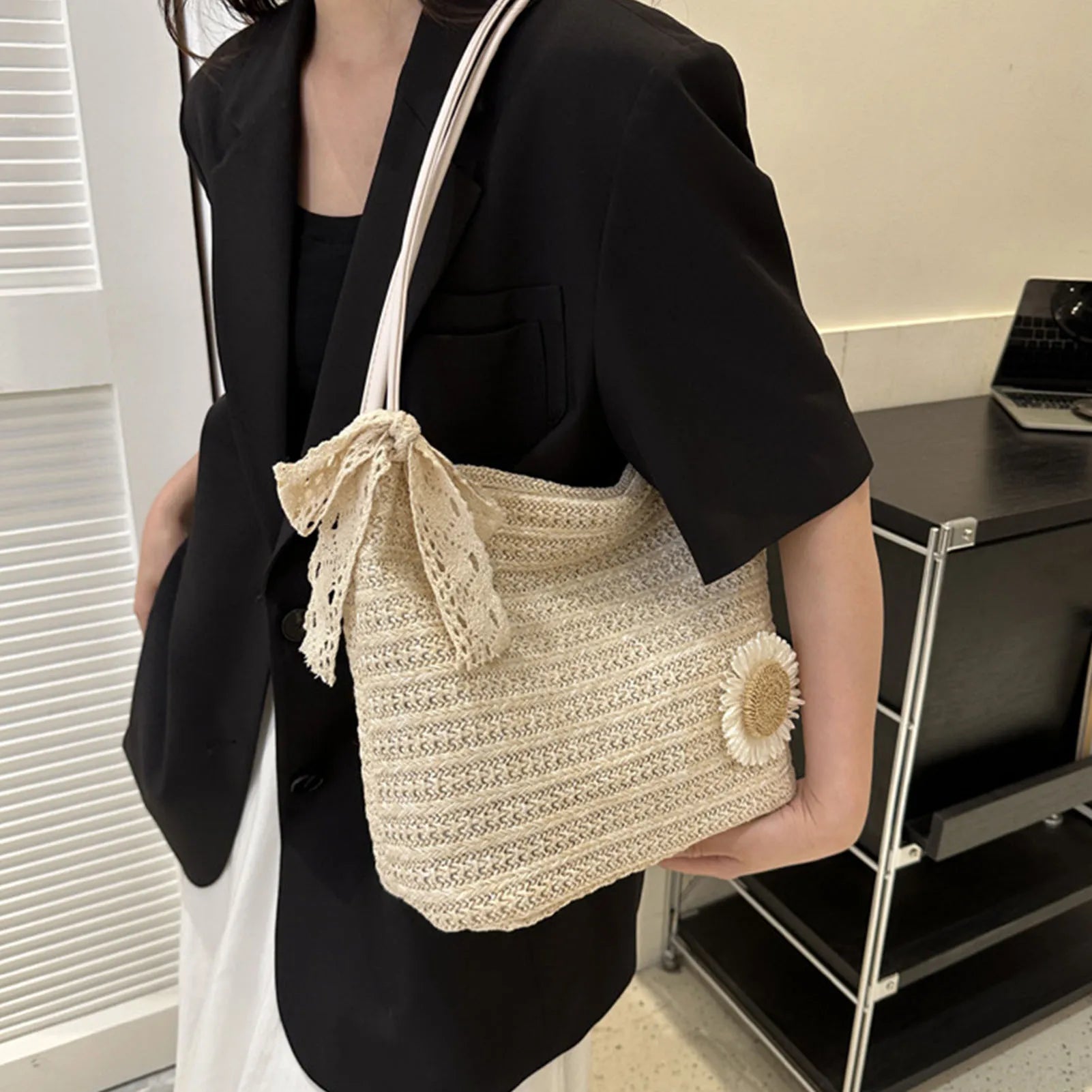 Women Casual Summer Handbag Aesthetic Design Large Capacity Woven Shoulder Bags Ideal Gift for Yourself Female Friends Peaceful Pleasures Health and Wellness