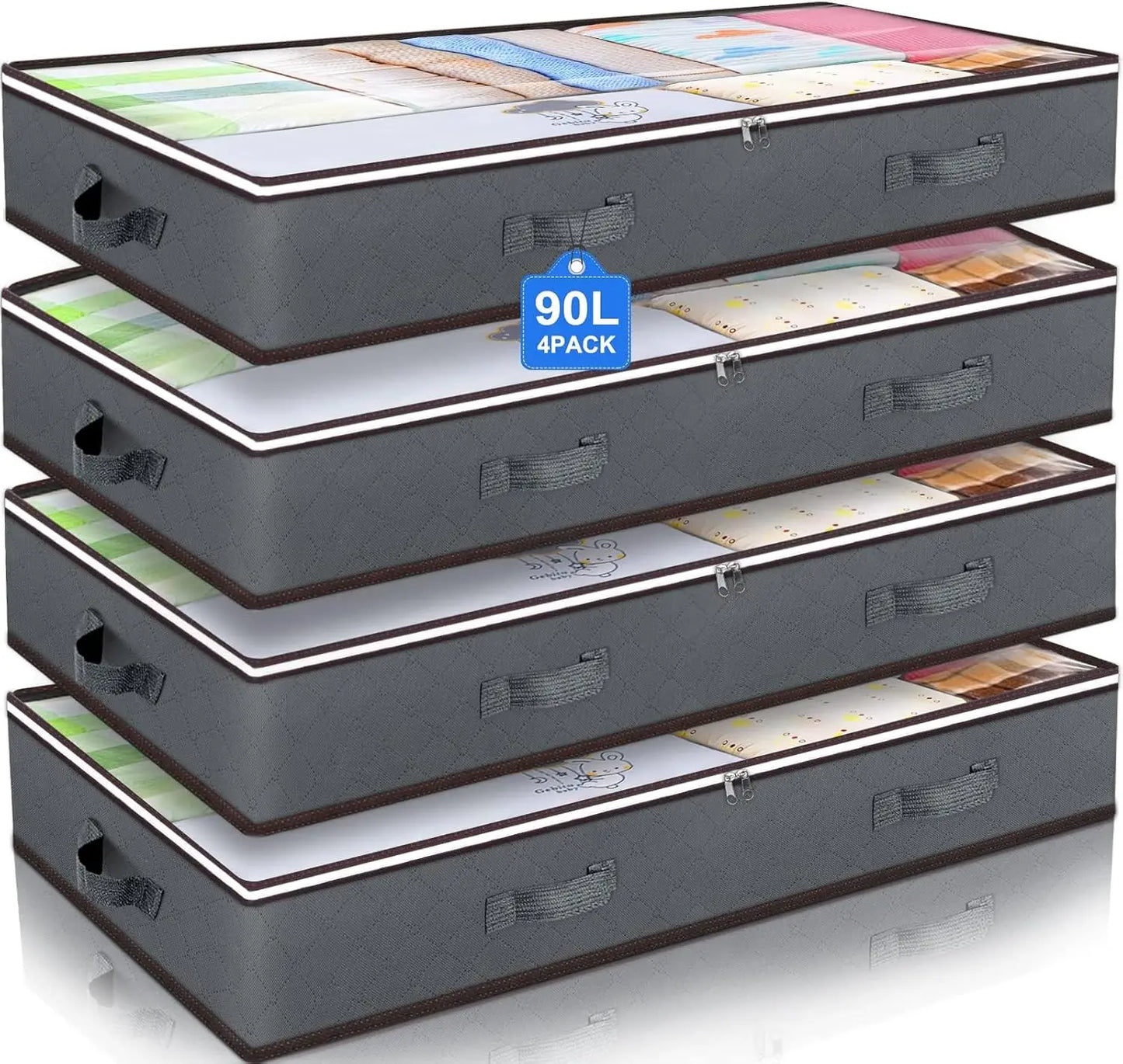 Stack of gray storage boxes with colorful items inside, labeled '90L 4Pack'.