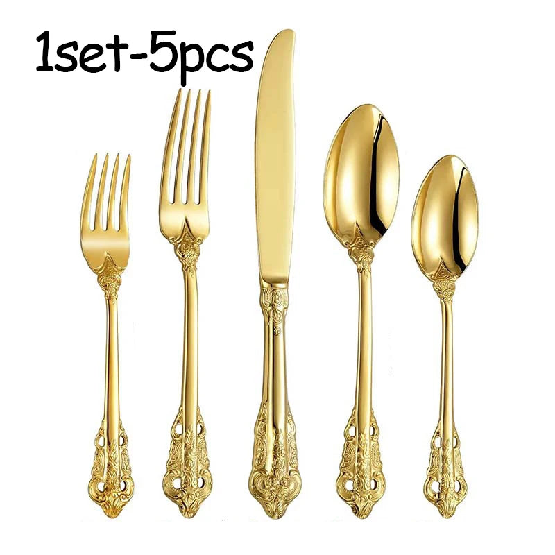 Stainless Steel Dinnerware Sets High-grade Knife Fork And Spoons Cutlery Kits Gold Plated Floral Pattern Tableware Dropship Peaceful Pleasures Health and Wellness 1set golden