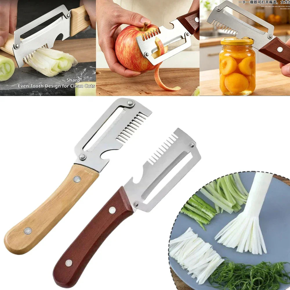 3-in-1 Multifunction Kitchen Peeler, Wooden Handle Stainless Steel Serrated Knife, Vegetable Fruit Peeler Shredder Bottle Opener Peaceful Pleasures Health and Wellness
