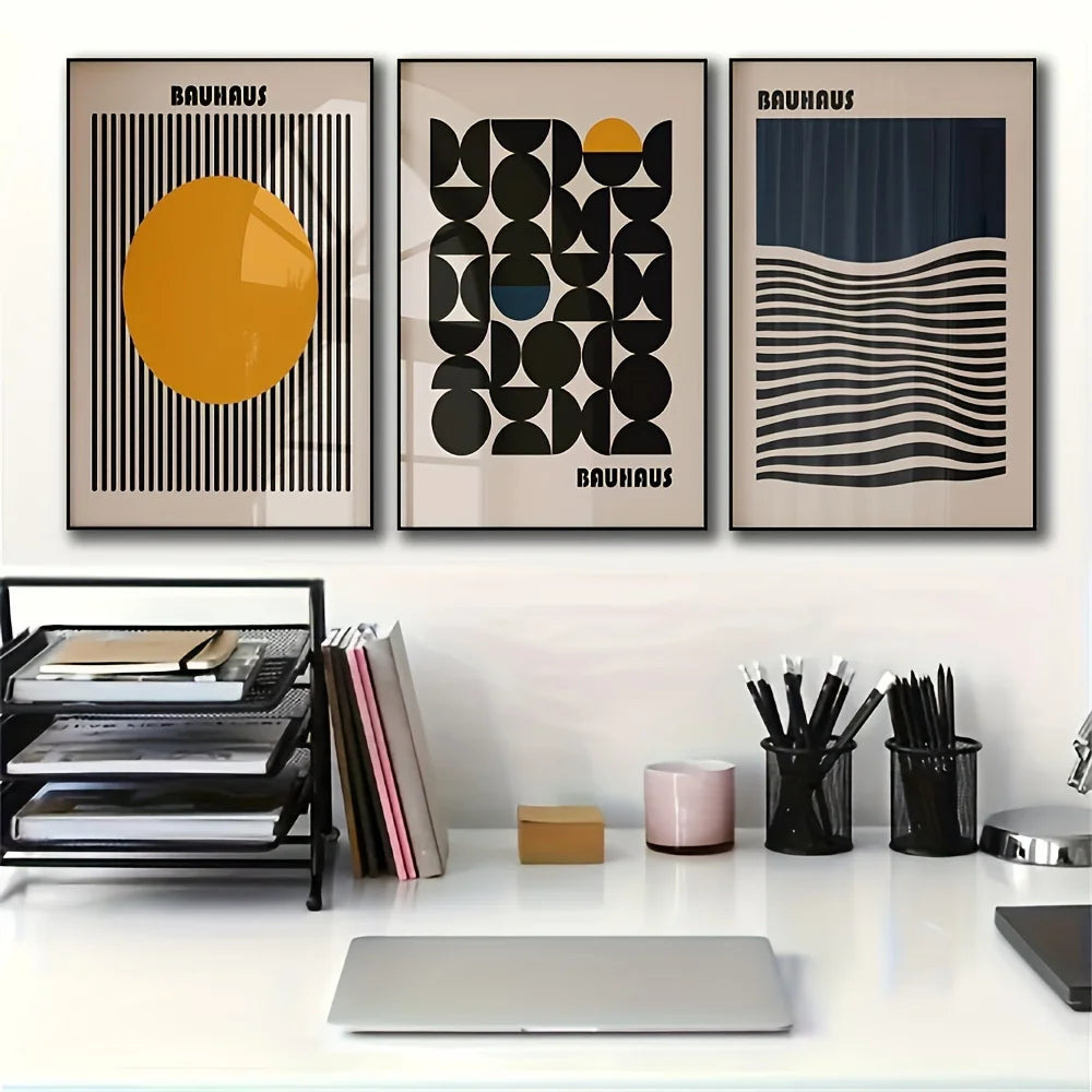 3-Piece Bauhaus Minimalist Canvas Wall Art | Geometric Prints Canvas Wall Art Set Peaceful Pleasures Health and Wellness