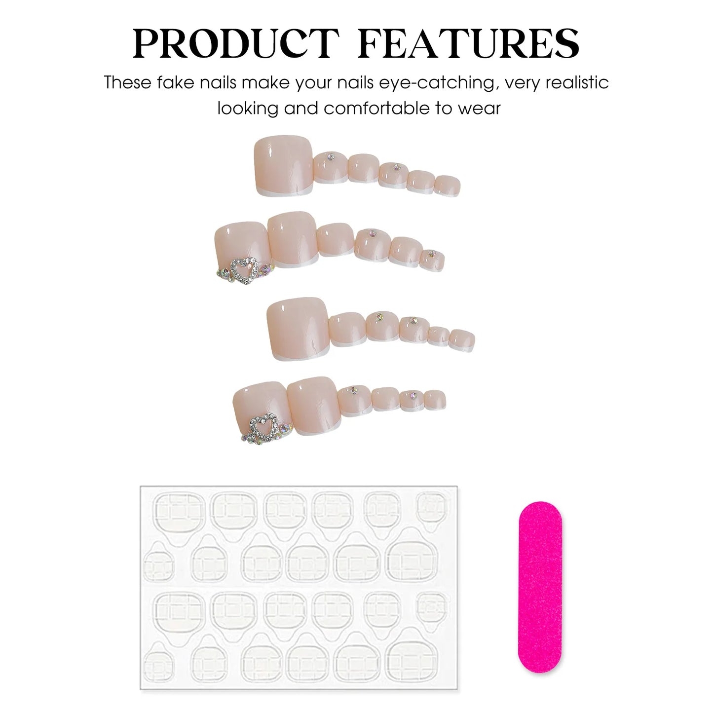 24pcs French Press-On Toenails Glossy White Diamond Decor