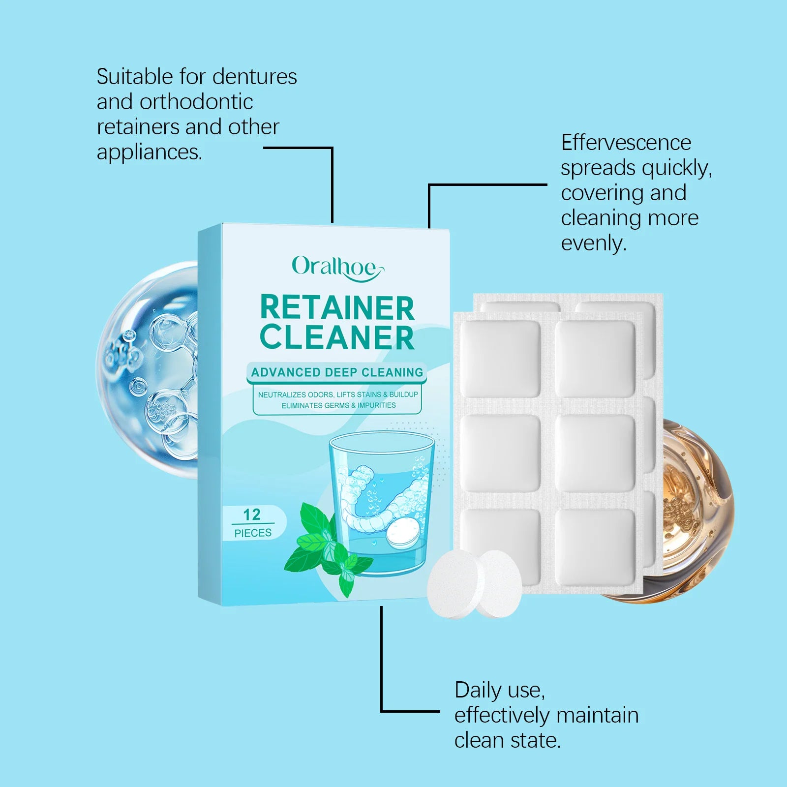 Denture Cleaning Effervescent Tablets Deep Cleansing Food Residue Removal Fresh Breath Antibacterial False Teeth Cleaning Care Peaceful Pleasures Health and Wellness
