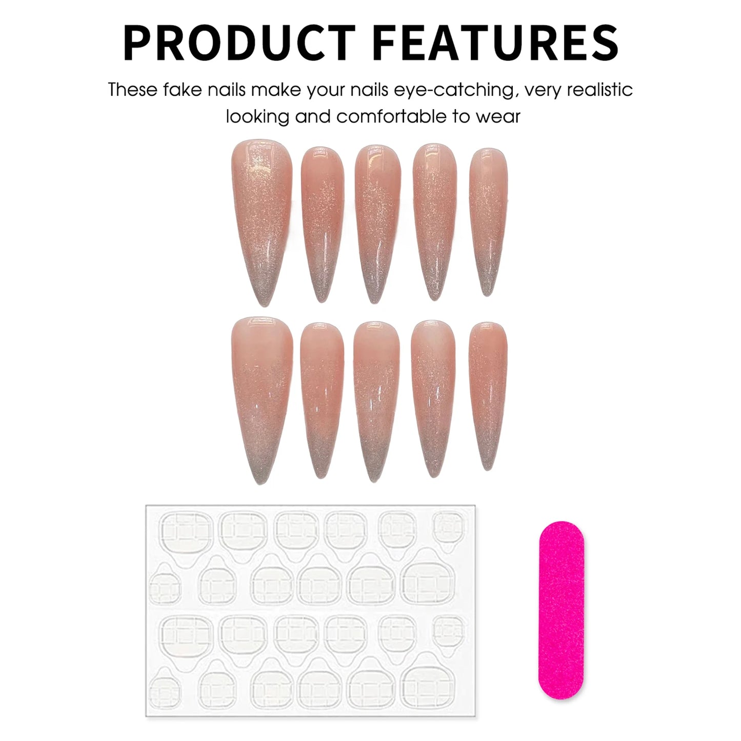 Handmade Press On Nails Long Almond Cat's Eye Blush Gradient