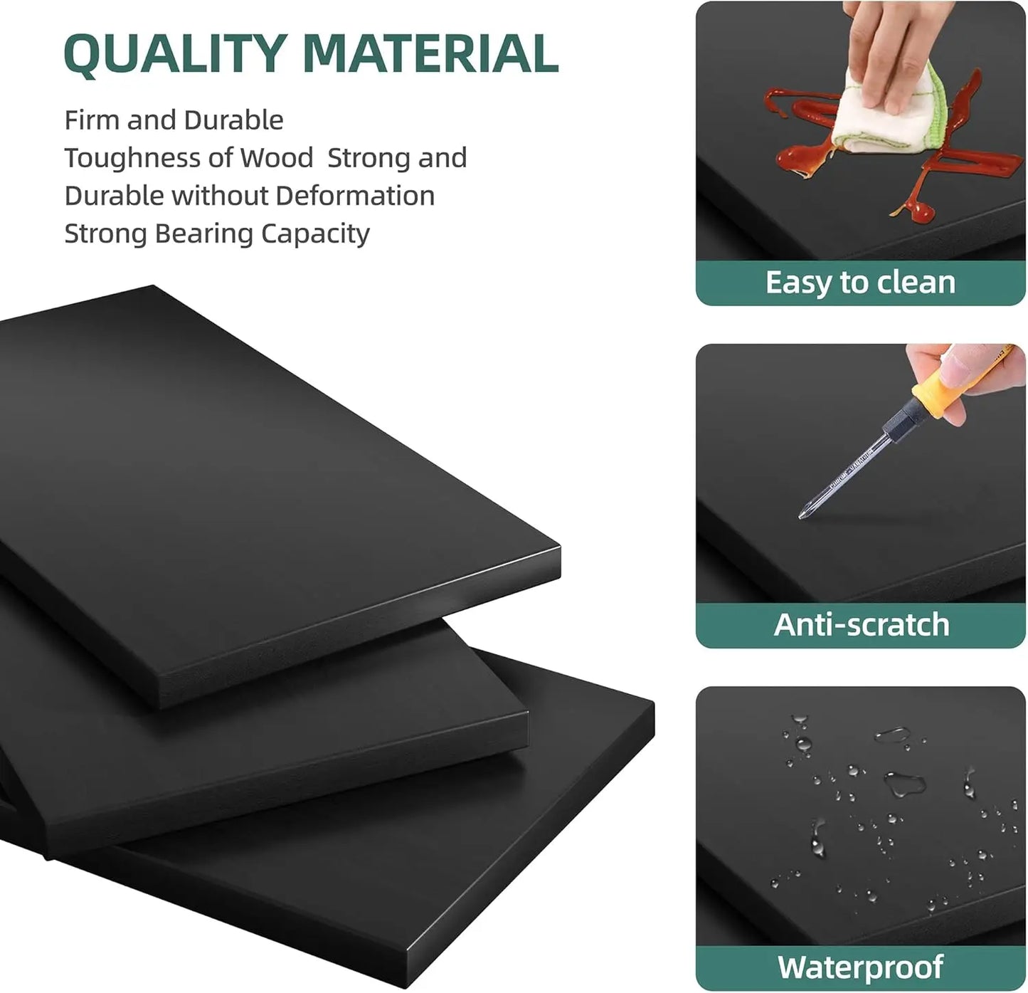 Black cutting board with text on material quality, ease of cleaning, scratch resistance, and water resistance.