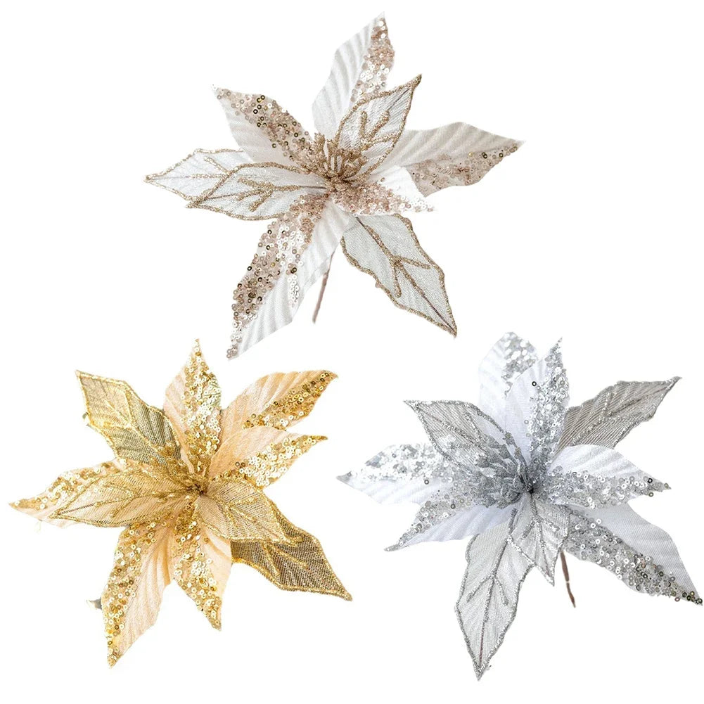 Christmas Glitter Poinsettia Artificial Flower Ornaments | Set of 6