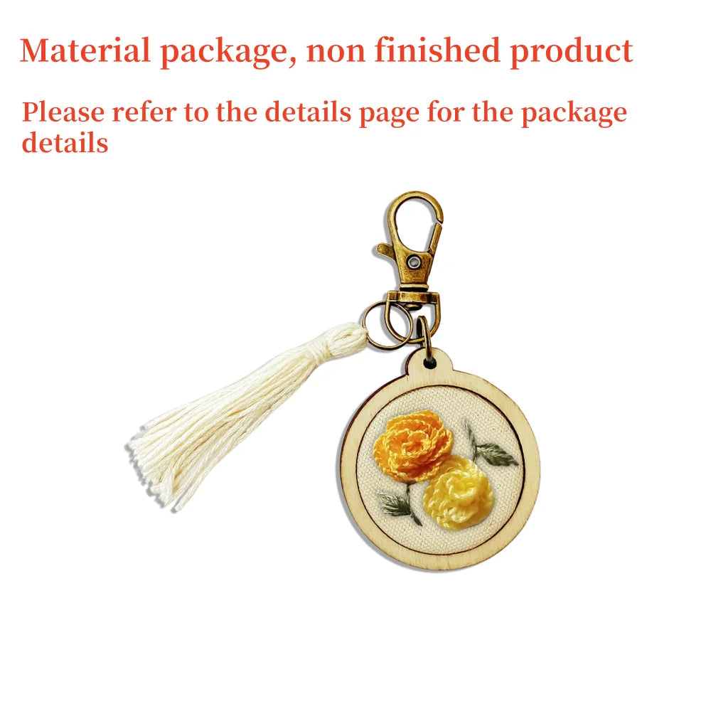 Mini Embroidery Keychain Accessory Set Embroidered Ring Frame Wooden Pendant Hand Embroidered DIY Keychain Handmade Material Kit Peaceful Pleasures Health and Wellness 3