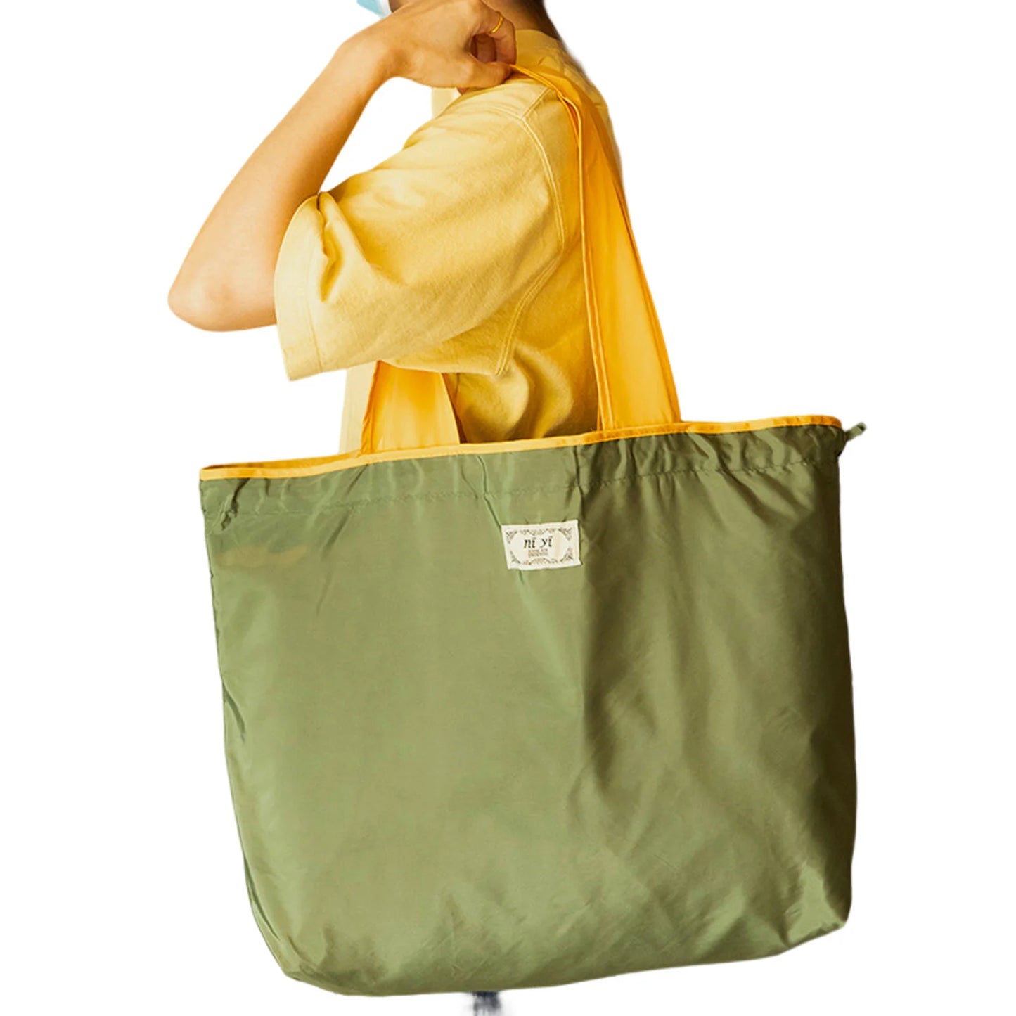 Portable Reusable Grocery Bags Eco-friendly Bags with Drawstring Closure for Trip or Shopping Fruit Holder Peaceful Pleasures Health and Wellness M Army green