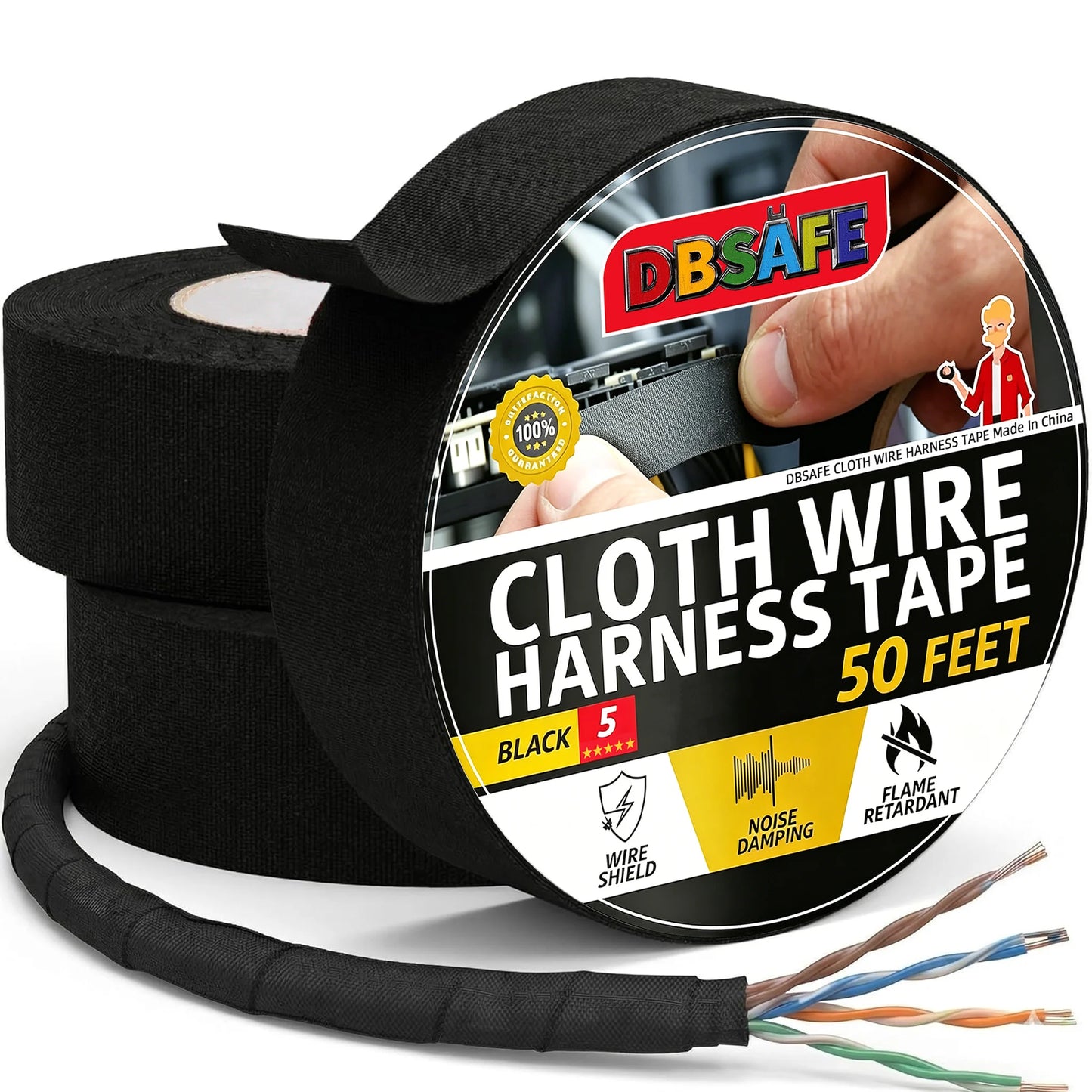 DBsafe Wire Harness Tape 3/4-Inch 50-Foot (1-10Pack) High Temp Wiring Loom Self-Adhesive Cloth Electrical Tape Automotive Noise Peaceful Pleasures Health and Wellness 3 Pack