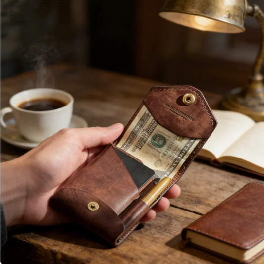 Slim Leather Card Holder Wallet with Pen Slot | Minimalist Leather Card Wallet Peaceful Pleasures Health and Wellness