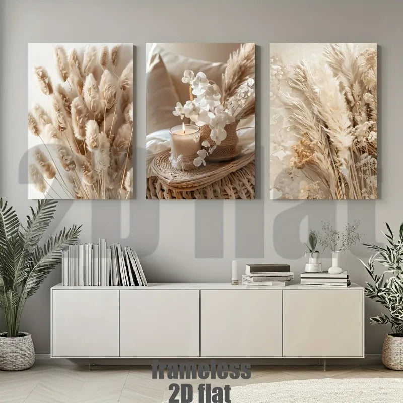 3-Piece Beige Plant Triptych Canvas Wall Art | Unframed Set Canvas Wall Art Set Peaceful Pleasures Health and Wellness