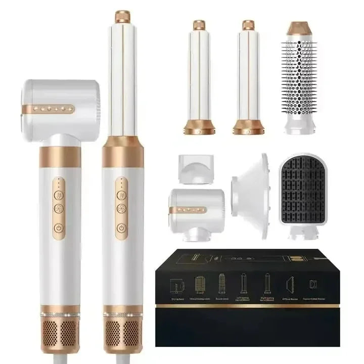 7 in 1 Hair dryer Professional Negative Ion curling Iron Hair Straightener Brushless Motor High Speed Hair Dryer Hot Comb Set Peaceful Pleasures Health and Wellness White Gold China Mainland US