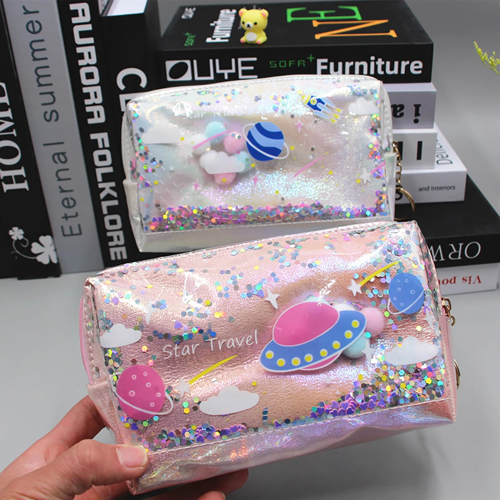 Large Capacity Planet Glitter Cosmetic Bag Cute Starry Makeup Pouch For Girls Student Pencil Case Travel Toiletry Bag Peaceful Pleasures Health and Wellness