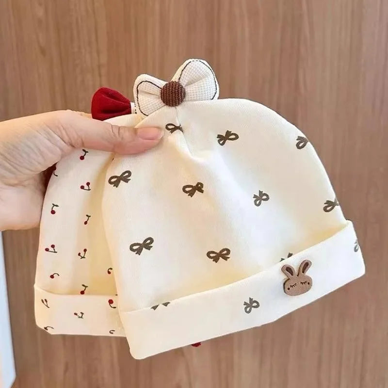 Newborn Baby Beanie | Red Bow Cherry Print Soft Cotton Cap 0-6M