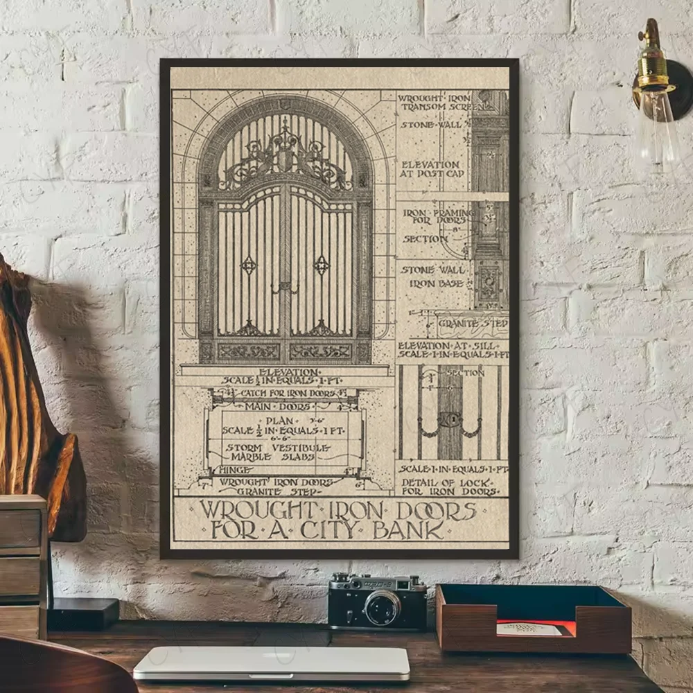 Vintage Architecture Drawings Wall Poster | Waterproof PVC Art Wall Art Poster Peaceful Pleasures Health and Wellness z4 40X50cmNoframe
