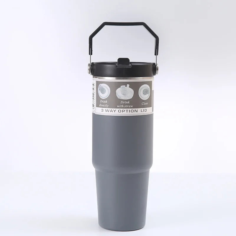 30OZ Portable Car Cup Stainless Steel Thermos Cup with Straw Travel Sports Water Bottle With Handle Cover Coffee Vacuum Flask Peaceful Pleasures Health and Wellness Light Grey 801-900ml
