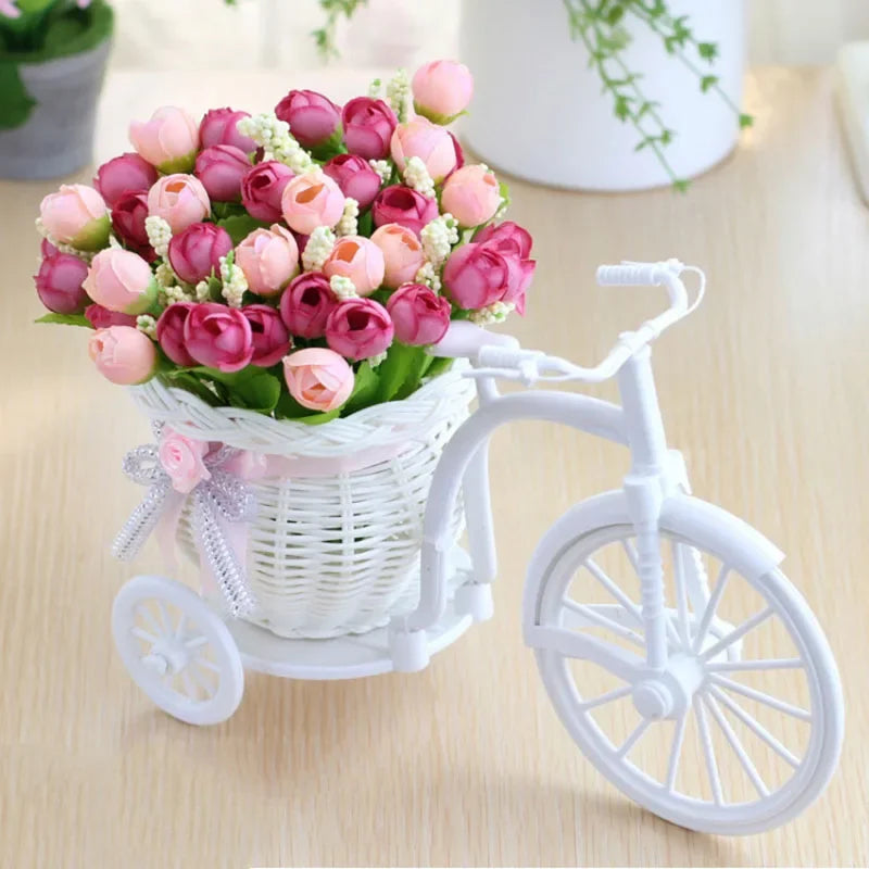 Silk Rose Artificial Flowers Bicycle Vase Desktop Bonsai Decor