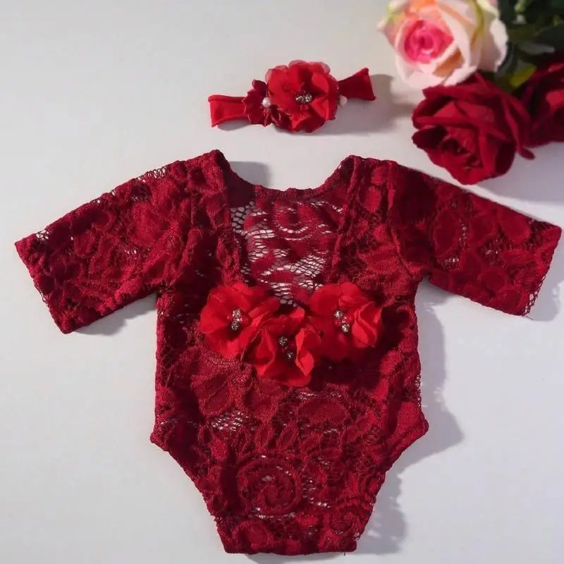 Newborn Lace Flower Romper & Headband Set | Baby Photo Prop