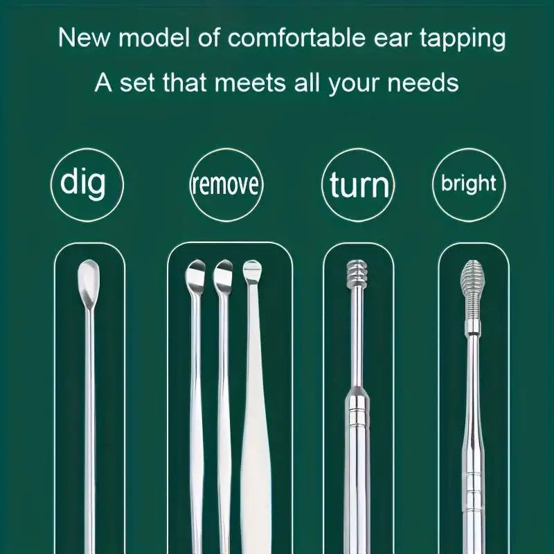 6pcs Stainless Steel Ear Wax Removal Tool Set Spiral Rotating EarPicking Spoon Ear Picker Spoon For Cleaning Collecting Ear Wax Peaceful Pleasures Health and Wellness