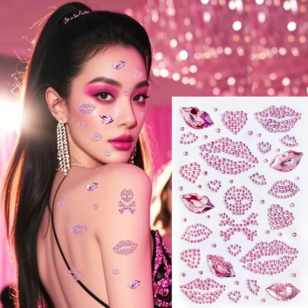 Red Heart & Lips Rhinestone Tattoos Self-Adhesive Glitter Face & Body Makeup Stickers Valentine's Day Face Gems Party Supplies Peaceful Pleasures Health and Wellness