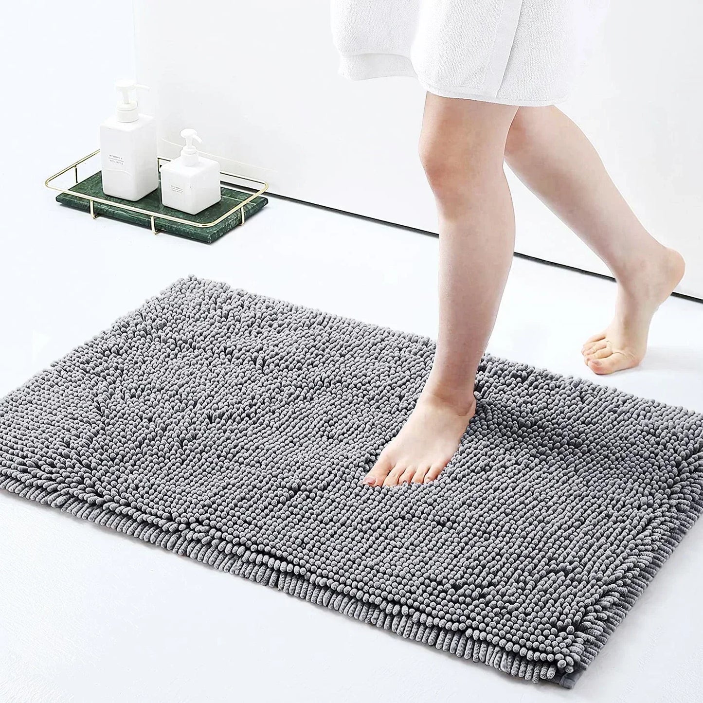 Chenille Soft Plush Bath Mat Super Absorbent Washable Non Slip Bathroom Comfortable Carpet for Shower Toilet Doormat Floor Rugs Peaceful Pleasures Health and Wellness Light Grey 40x60CM