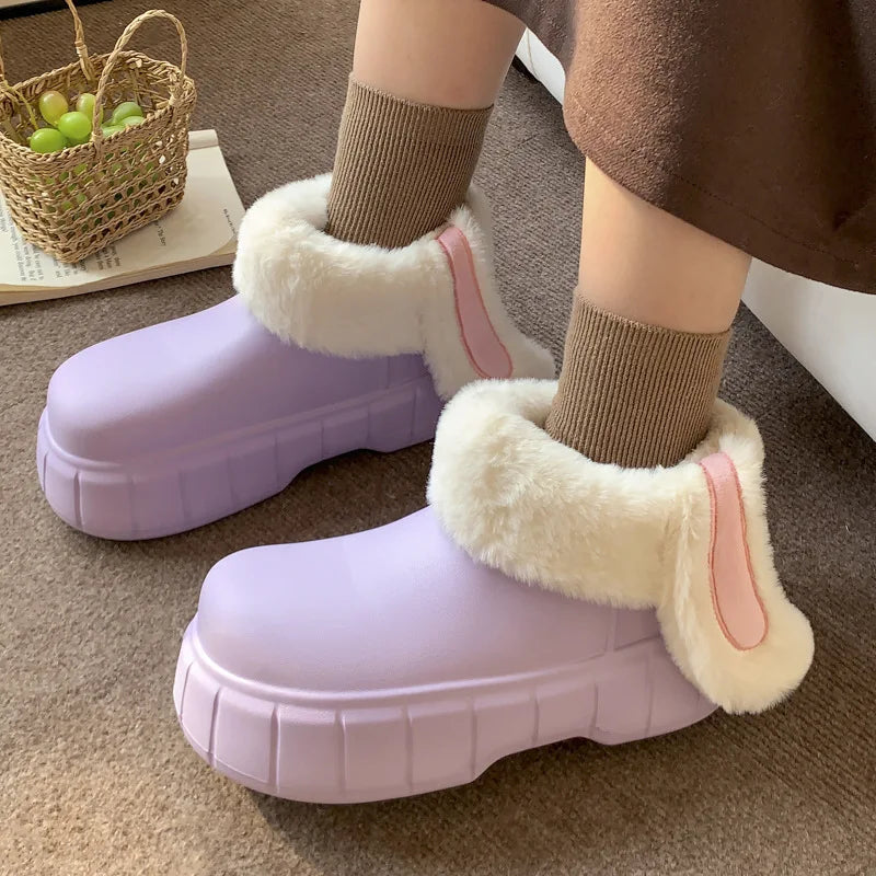 New EVA Removable Washable Rabbit Ear Cotton Shoes with Plush Waterproof Cotton Slippers for Women's Winter Outerwear Thick Sole Peaceful Pleasures Health and Wellness