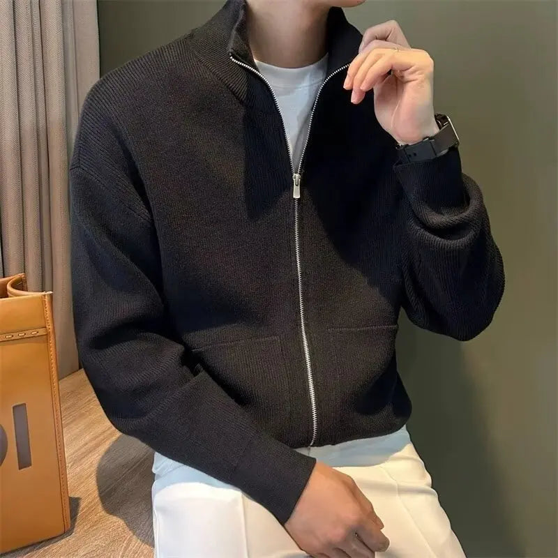 Men's Slim Fit Zip-Up Stand Collar Knit Cardigan Sweater