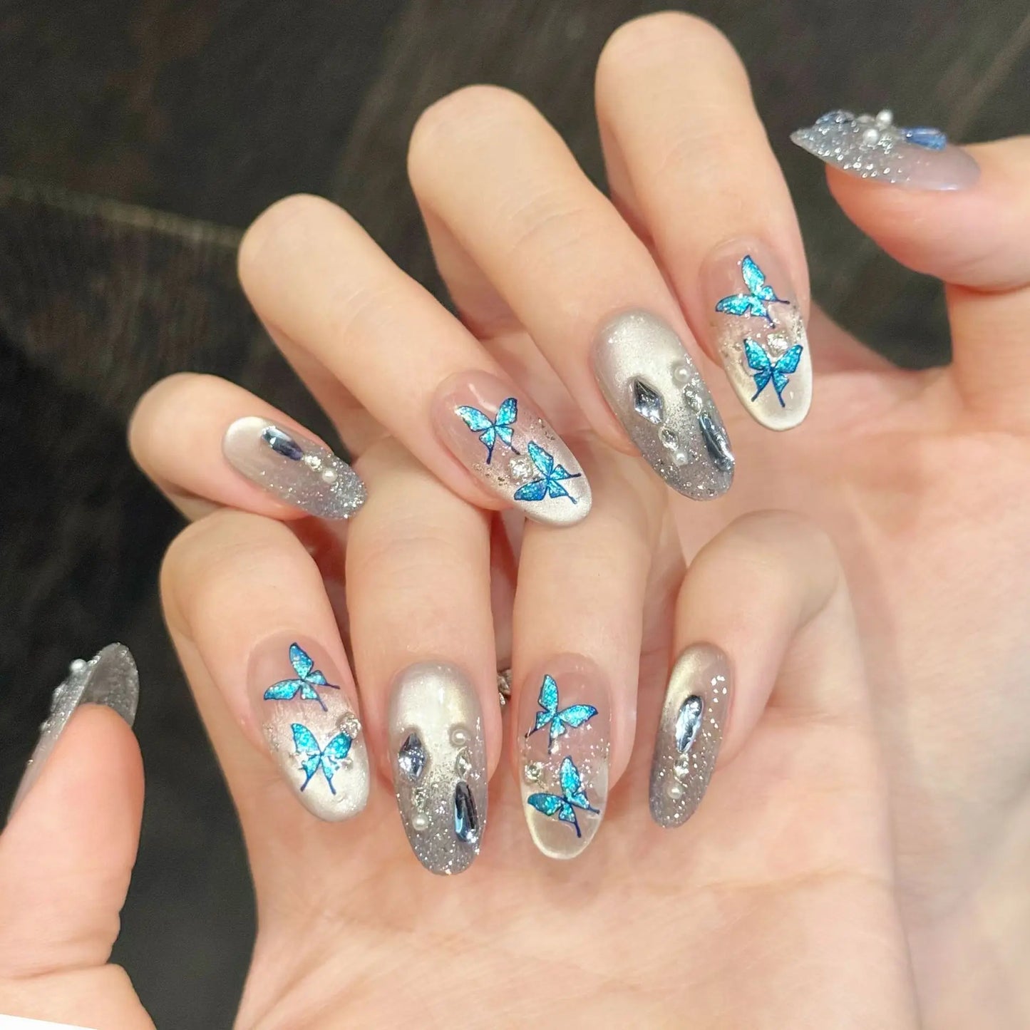 10pcs Handmade Glitter Gradient Press on Nails Sea Blue Butterfly Cat's Eye Fake Nails Wearable Diamond Decor False Nails Tip Peaceful Pleasures Health and Wellness S