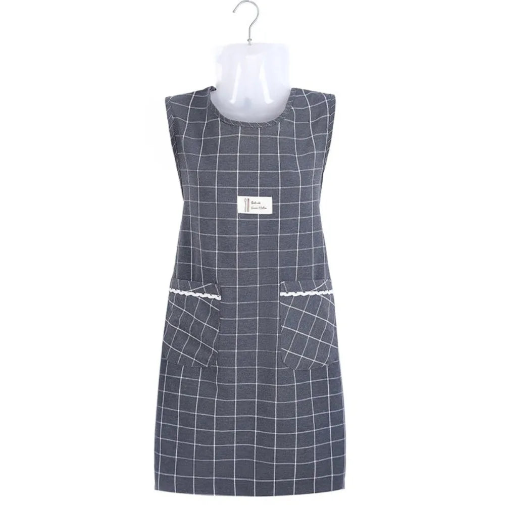 Women's Plaid Cotton Sleeveless Apron – Oil-Proof, Large Pocket