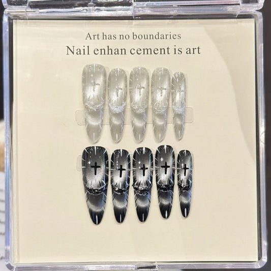 10pcs AB Style Handmade Y2K Press on Nails American Cat's Eye French Fake Nail Decor Almond Tips Wearable Blush False Nails Long Peaceful Pleasures Health and Wellness L 1