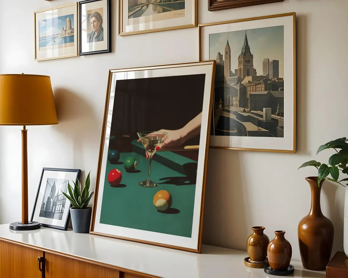 Vintage Dive Bar Martini Pool Poster Art, Retro Billiards Smoking Cocktail Oil Painting Art, Lucky 8 Ball Print, Peaceful Pleasures Health and Wellness