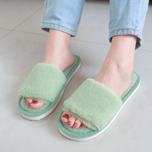 Women's Leopard Plush Open Toe Slippers | Cozy Fuzzy Indoor
