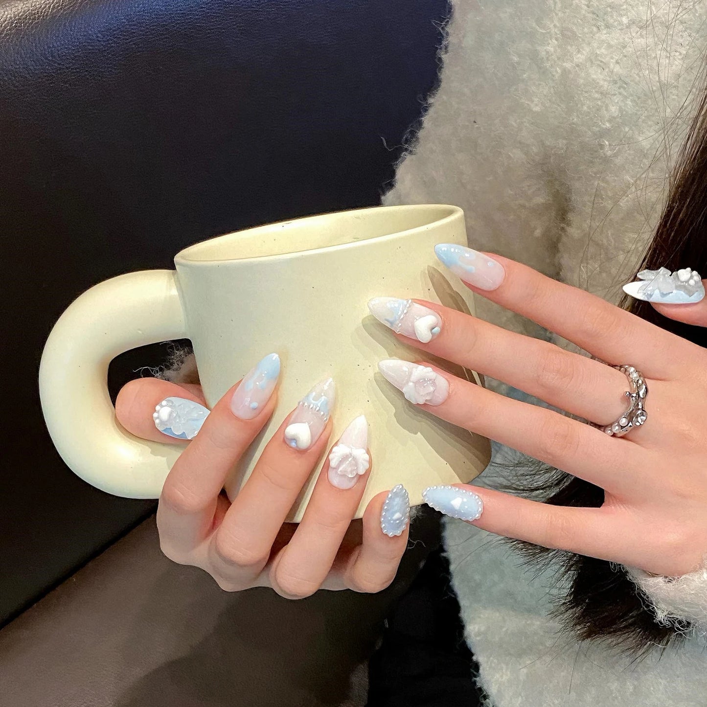 Handmade Press on Nails Light Blue Cute Bear Cat Claws Design Fake Nails French Pearls Love Decor Almond False Nail Tips Peaceful Pleasures Health and Wellness