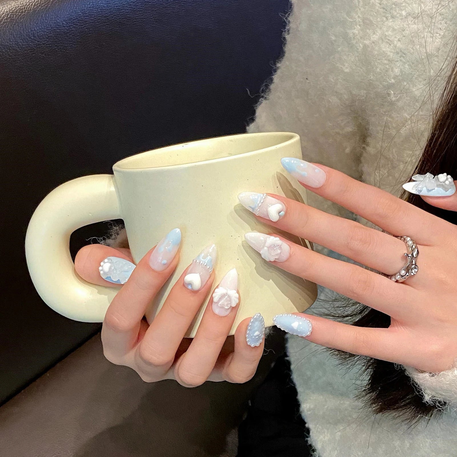 Handmade Press on Nails Light Blue Cute Bear Cat Claws Design Fake Nails French Pearls Love Decor Almond False Nail Tips Peaceful Pleasures Health and Wellness