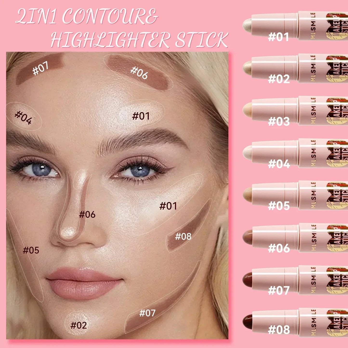 8-Color Pearl Highlighter & Contour Stick – High Gloss Face Pen