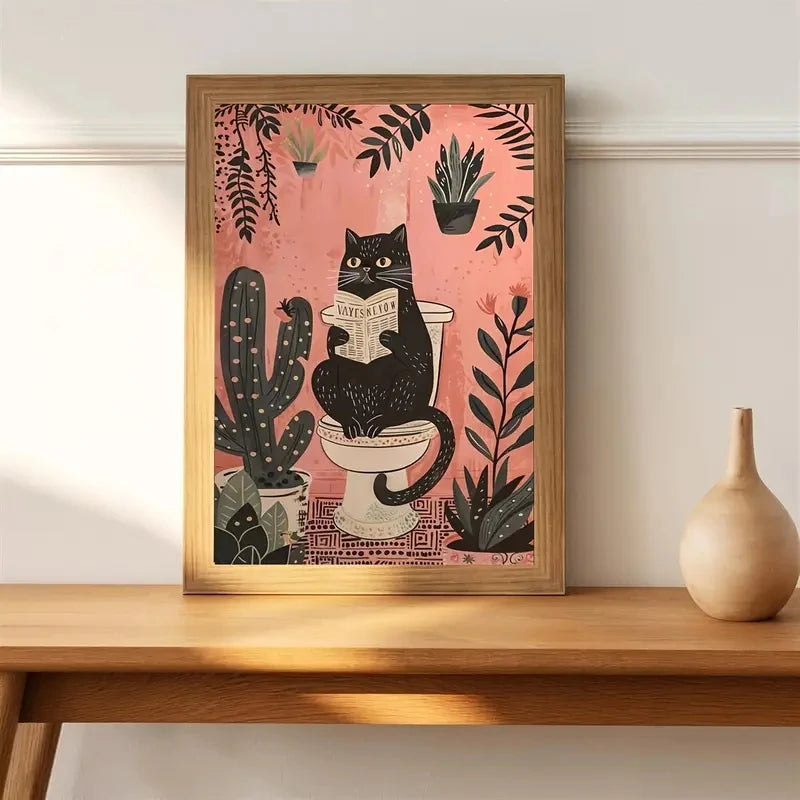 Black Cat Reading Newspaper Canvas Poster | Fun Wall Art