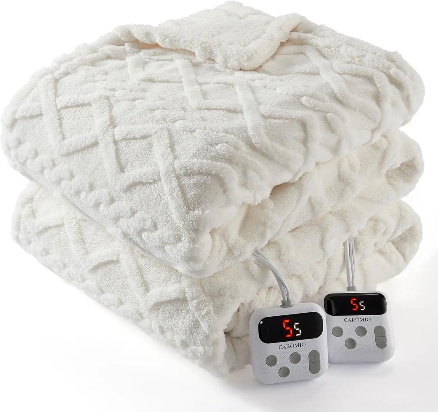 Folded white electric blanket with two controllers on a white background