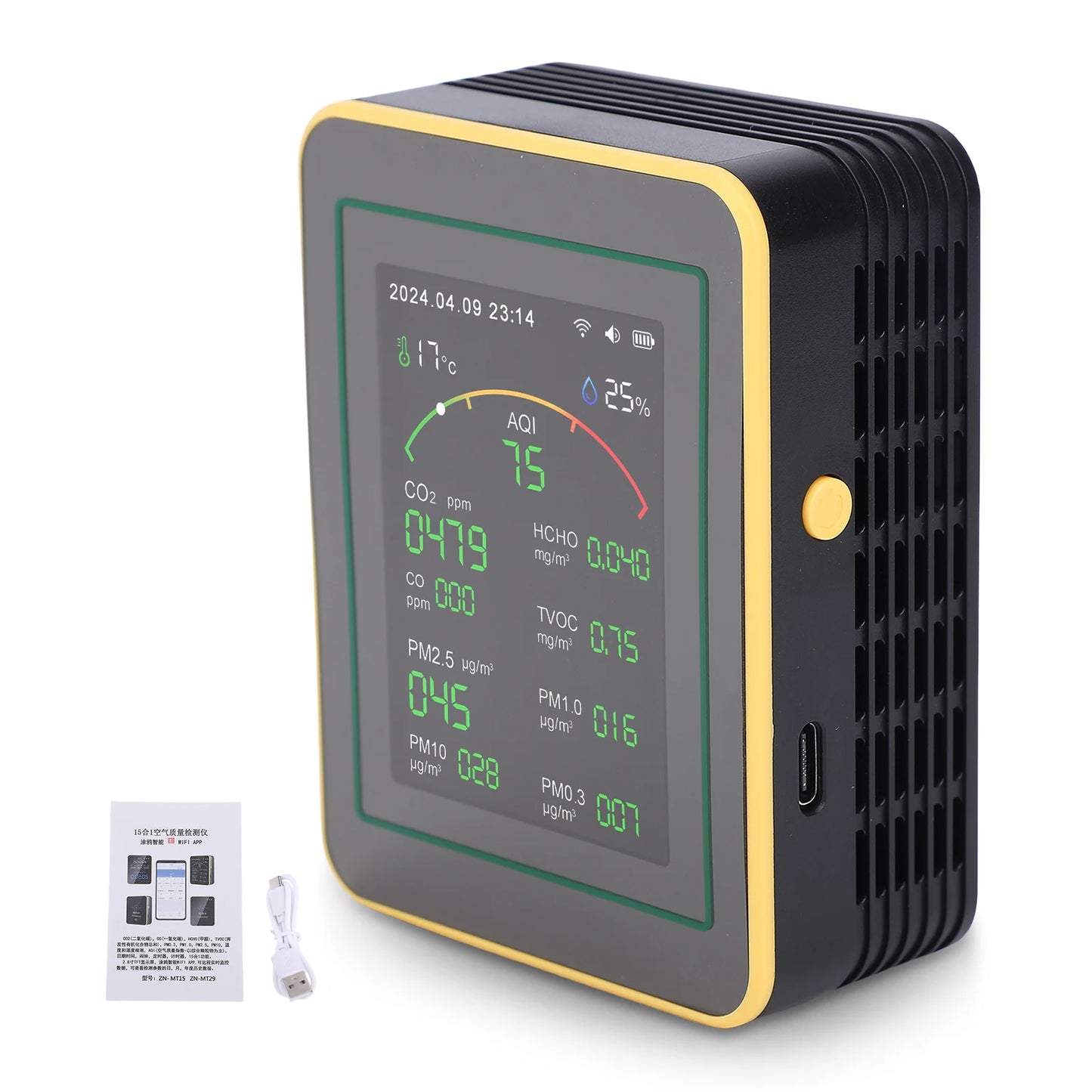 Air Quality Monitor,15-in-1 WiFi Air Detector with Color LCD Screen Fit for Tuya Smart,Detects PM2.5 PM10 TVOC Temp Humidity Peaceful Pleasures Health and Wellness A