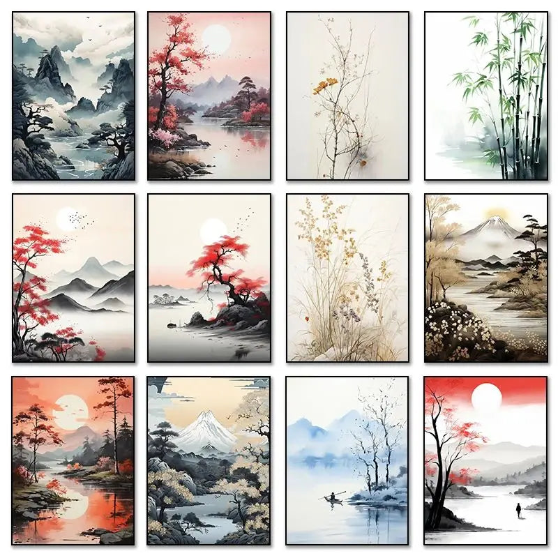 Japanese Autumn Watercolor Canvas Wall Art | Bamboo Blossom