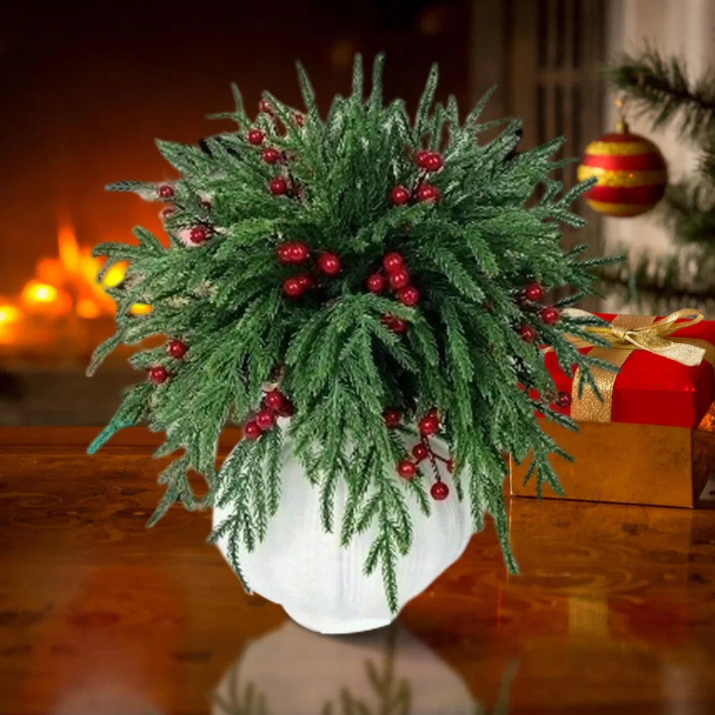 Artificial Norfolk Pine Branches Red Berries Holiday Decor Wreath