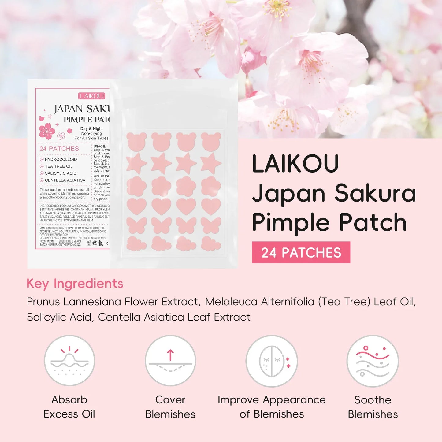 Laikou Sakura Acne Patches – Pimple Concealer Dots 24pcs