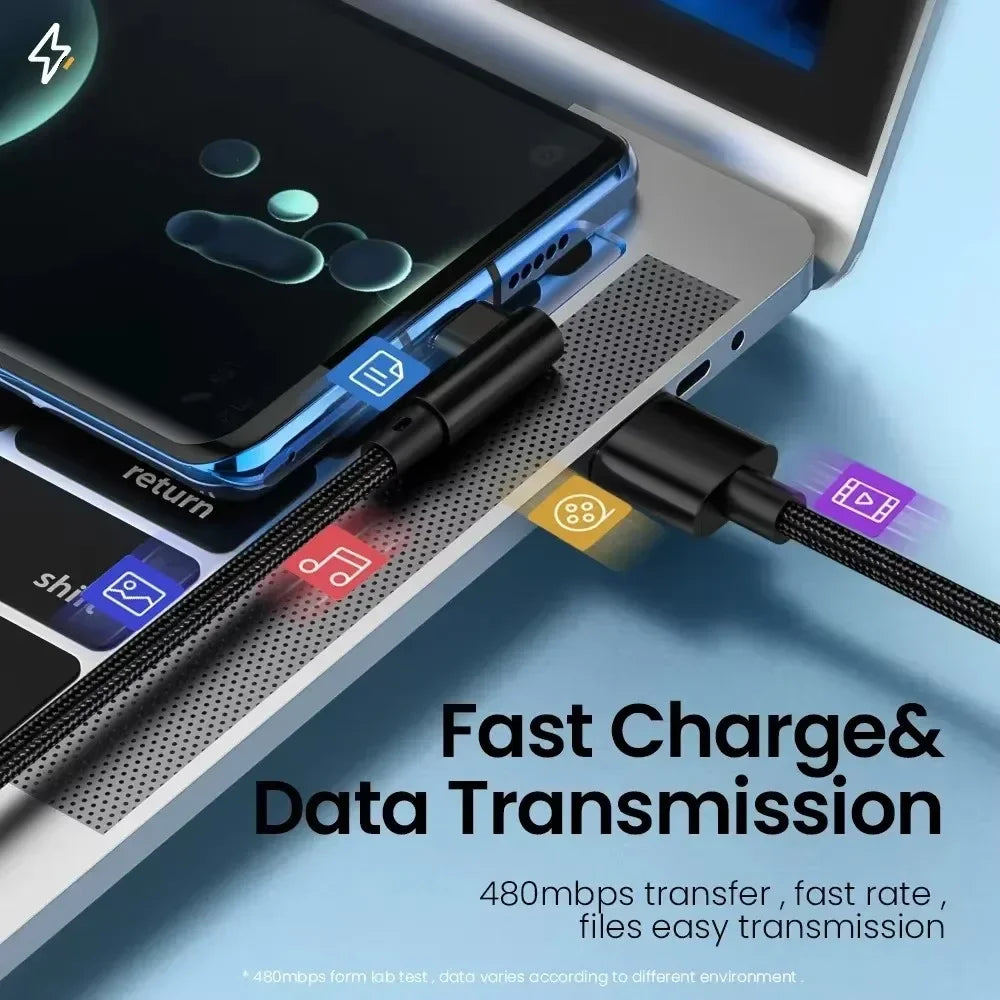 90° USB-C Fast Charging Cable 66W 6A Braided – Up to 3M