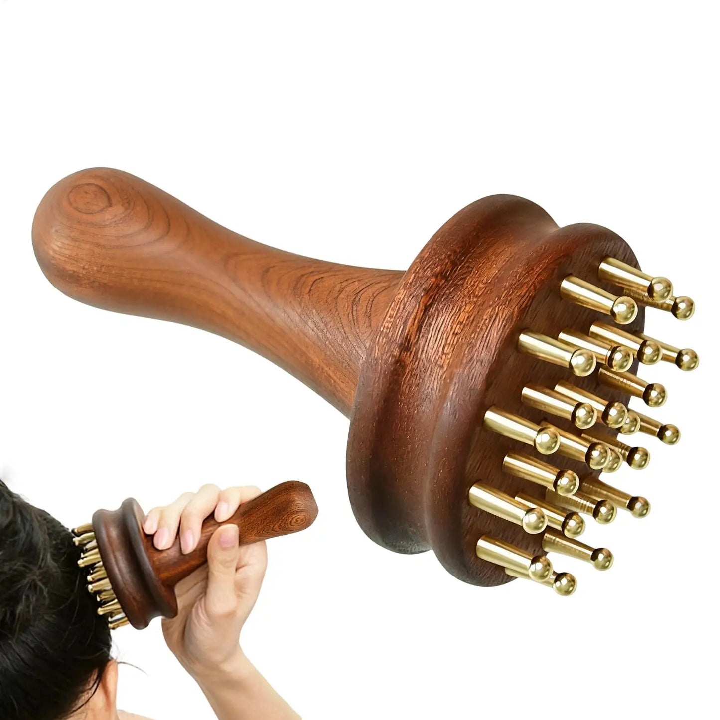 Brass Teeth Gua Sha Scalp & Body Massage Brush – Wood Handle