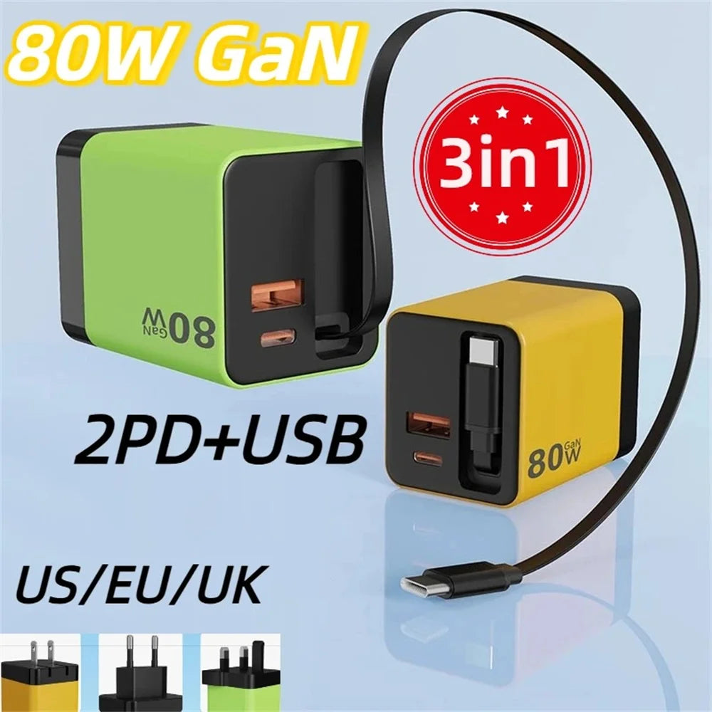 80W GaN Fast Wall Charger with USB-C Cable | iPhone & Android
