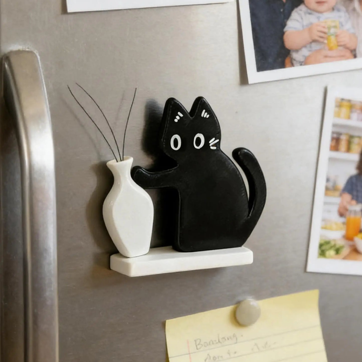 Cute Black Cat Acrylic Magnetic Fridge Magnet & Mini Vase 2pcs