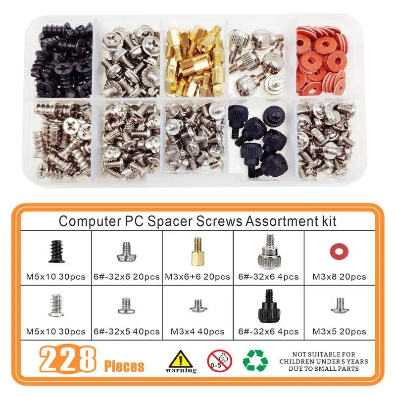 New 228Pcs/Box Hard Disk DIY Motherboard PC Computer Assemble Case Fan Hand Screw Bolt Standoff Washer Assortment Kit Peaceful Pleasures Health and Wellness