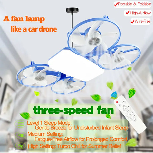 E27 2-in-1 Ceiling Fan Light with Remote 85-265V 50W 3-Speed 3-Color Car Drone Style Dimming Fan Light for Home Room Decoration Peaceful Pleasures Health and Wellness