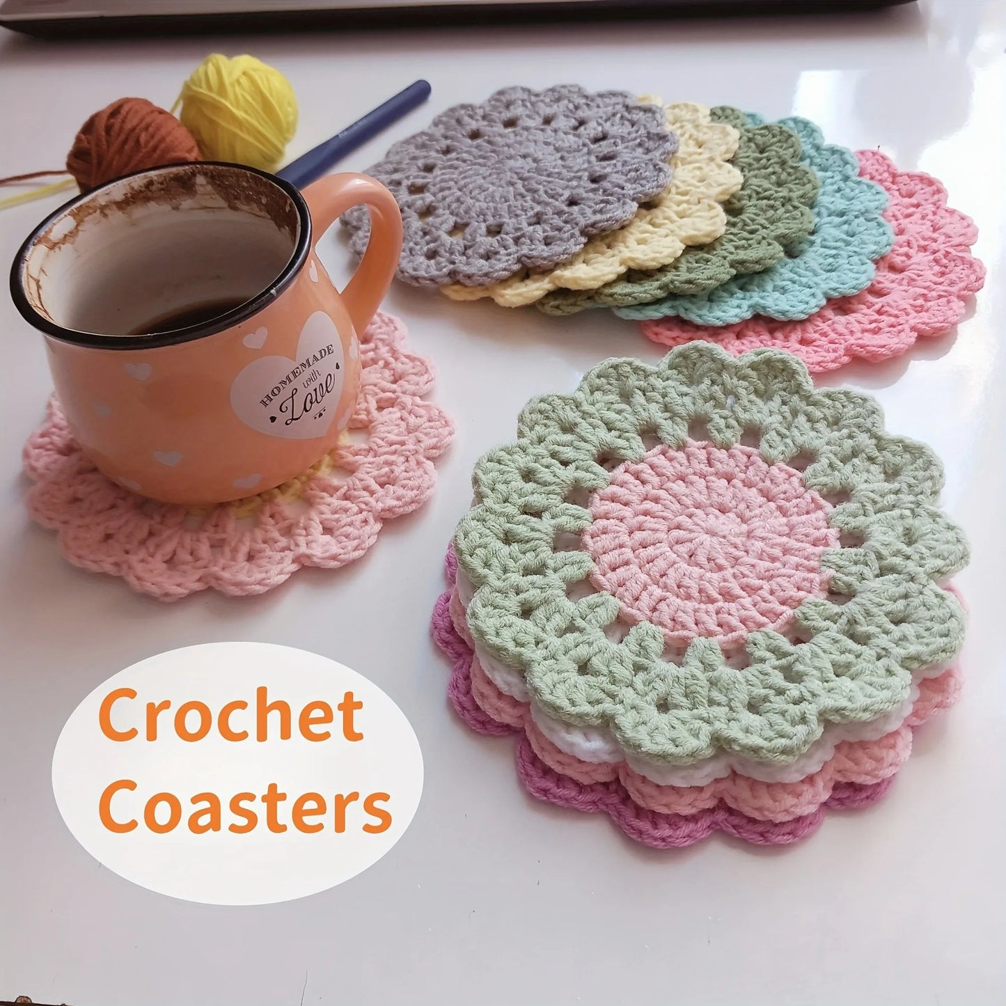 4-Pack Handmade Flower Crochet Coasters | Pink Felt Cup Mats