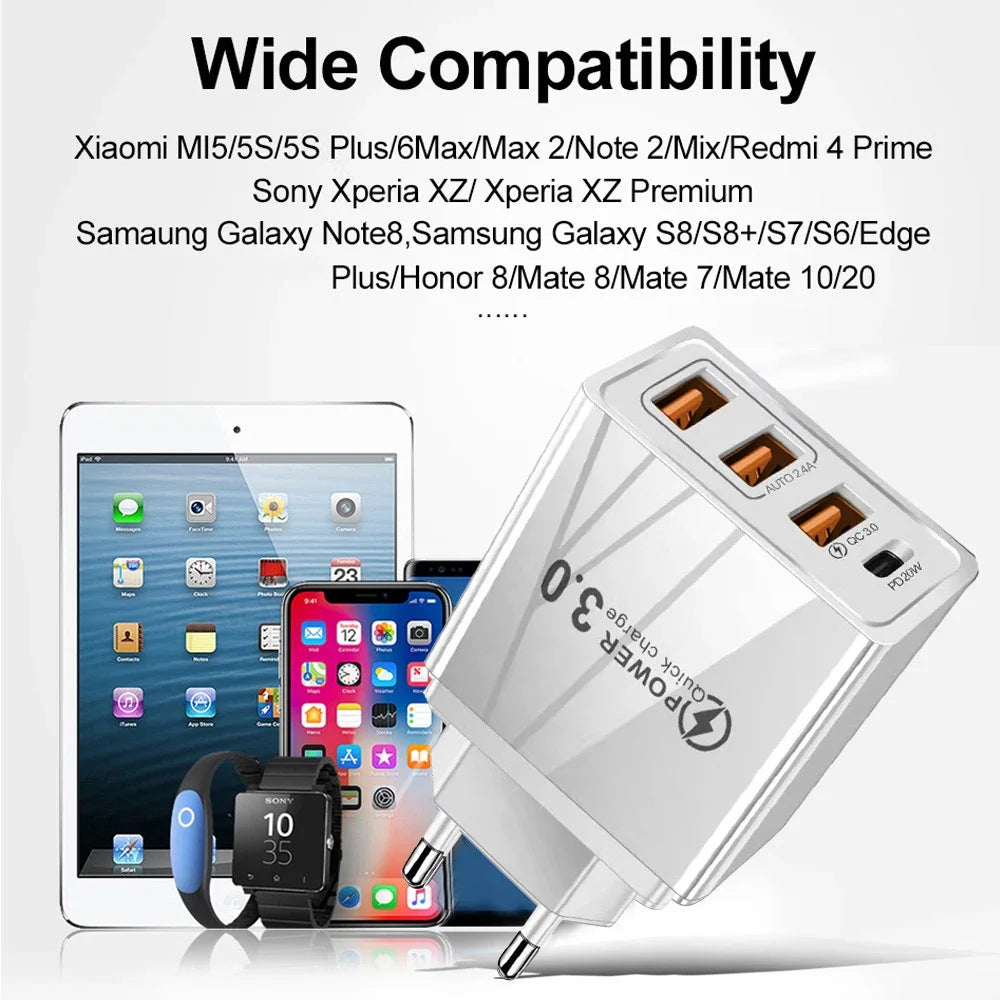 48W USB-C PD Fast Charger QC 3.0 | 4-Port EU/US Wall Adapter